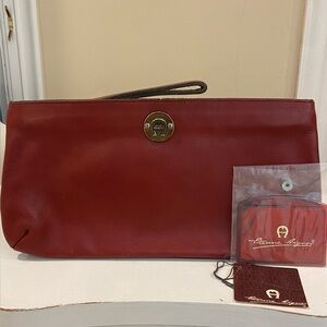 Etienne Aigner Vintage 70s/80s Handmade Oxblood Leather Wristlet Clutch Mirror
